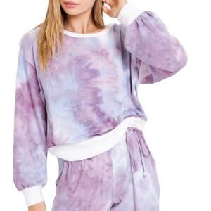 Le Lis S Purple Tie Dye Soft Knit Ruched Tie Up Long Sleeve Crew Sweater